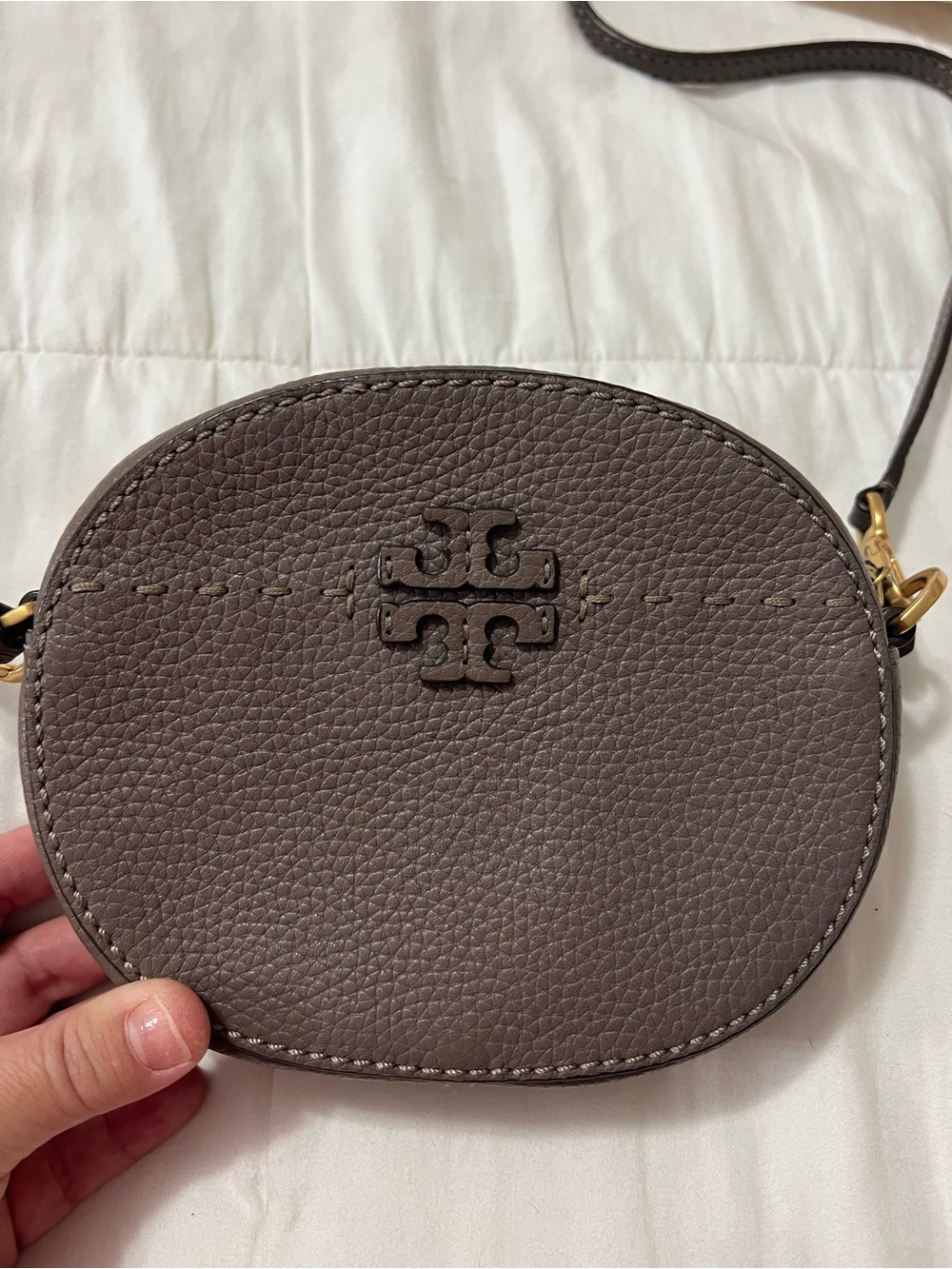 Tory Burch Taupe Pebbled Leather Oval Crossbody with Logo